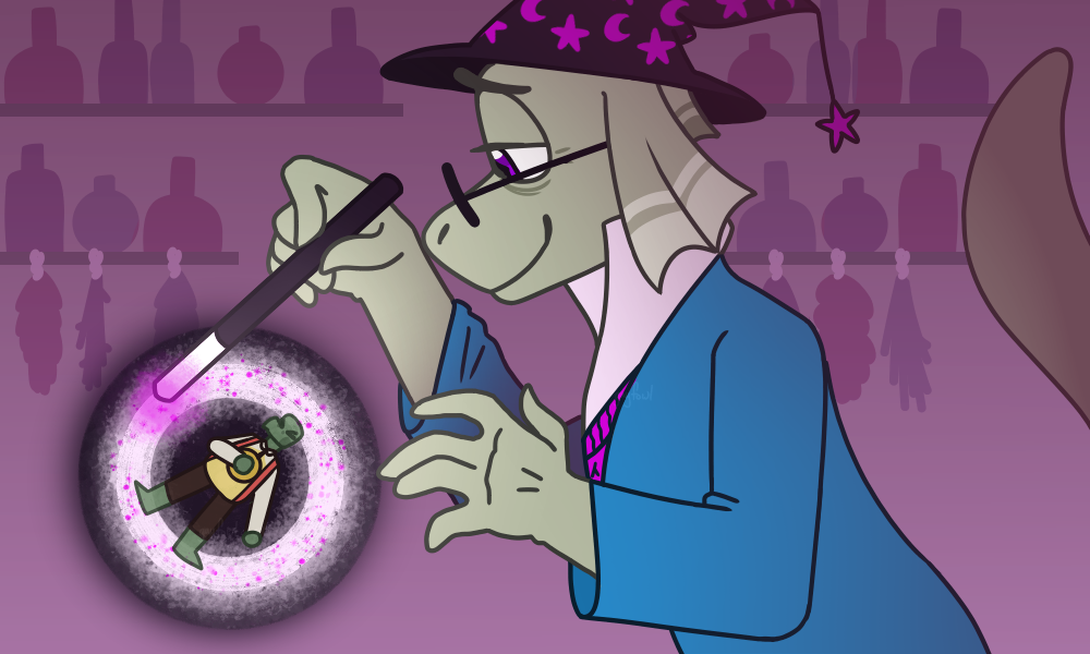 Mr. Wizard, a lizard in a blue robe and black hat, uses his wand. Tooter Turtle is in the wand's magic, a black-and-white circle with purple sparkles.